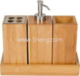 Natural Bamboo Bath Caddy Set Includes Pump Soap Dispenser, Toothebrush Holder