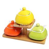 Modern Bamboo Tray Set of 3 Yellow Orange Green Lidded Condiment Jars / Spice Serving Pots / Spoons