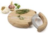 Classic Bamboo Cutting Board With Curved Stainless Steel Blade Minces