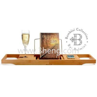 Bamboo Bathtub Caddy with Extendable Sides, Cellphone Tray & Integrated Wineglass Holder