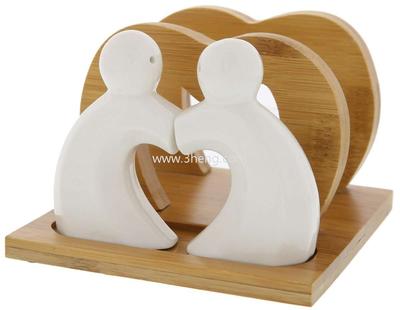 Natural Bamboo Napkin Holder With 3 Piece Heart Shape Set